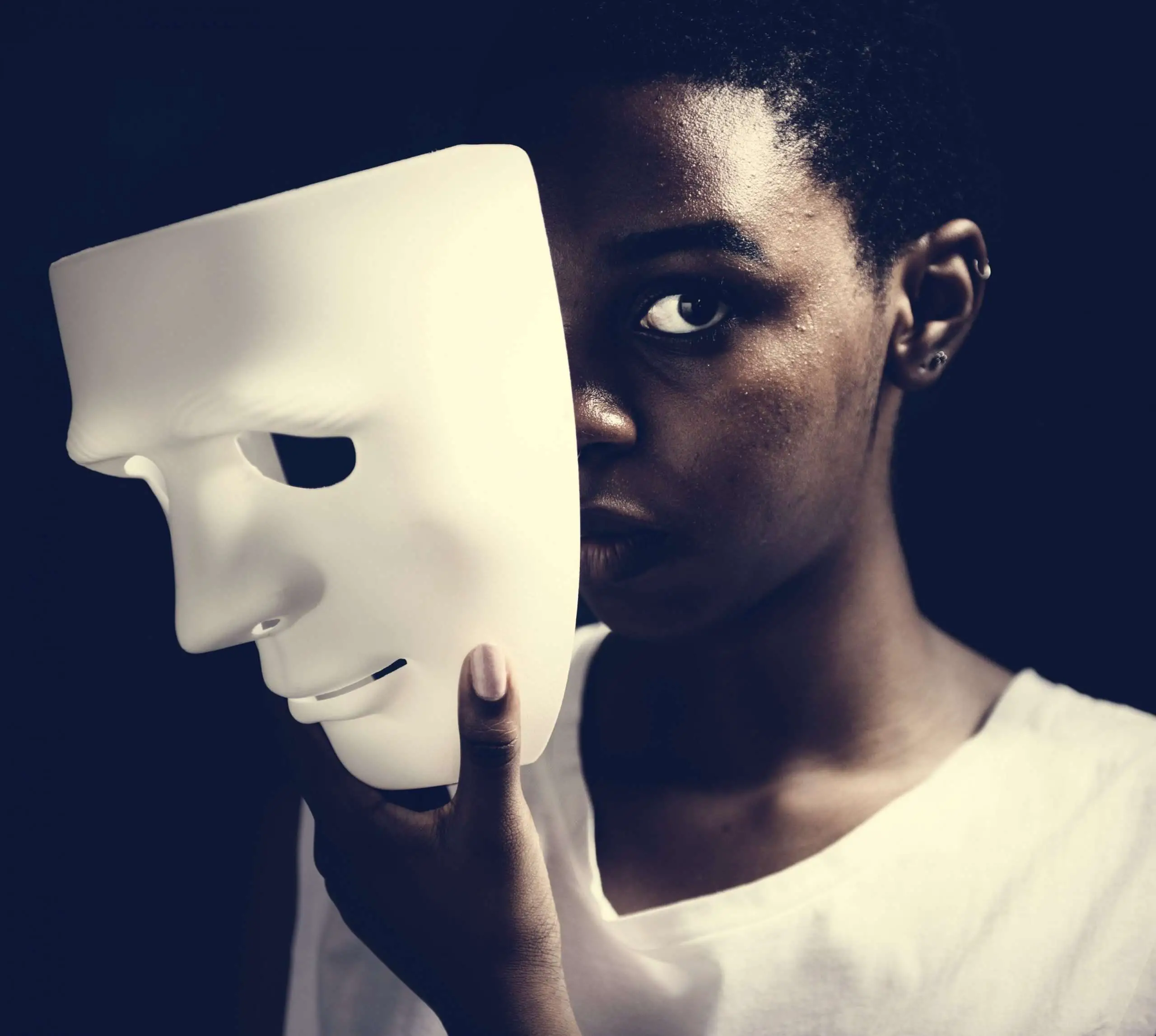 Black Girl hiding behind a mask, Depressed Black Girl