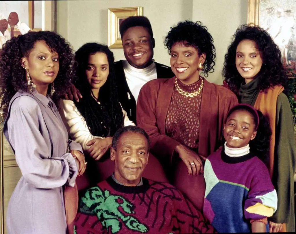 Black Sitcom The Cosby Show with cast Bill Cosby, Malcom Warner, Phylicia Rashad, Keshia Pullman, Tempestt Bledsoe, Lisa Bonet and Raven Symone