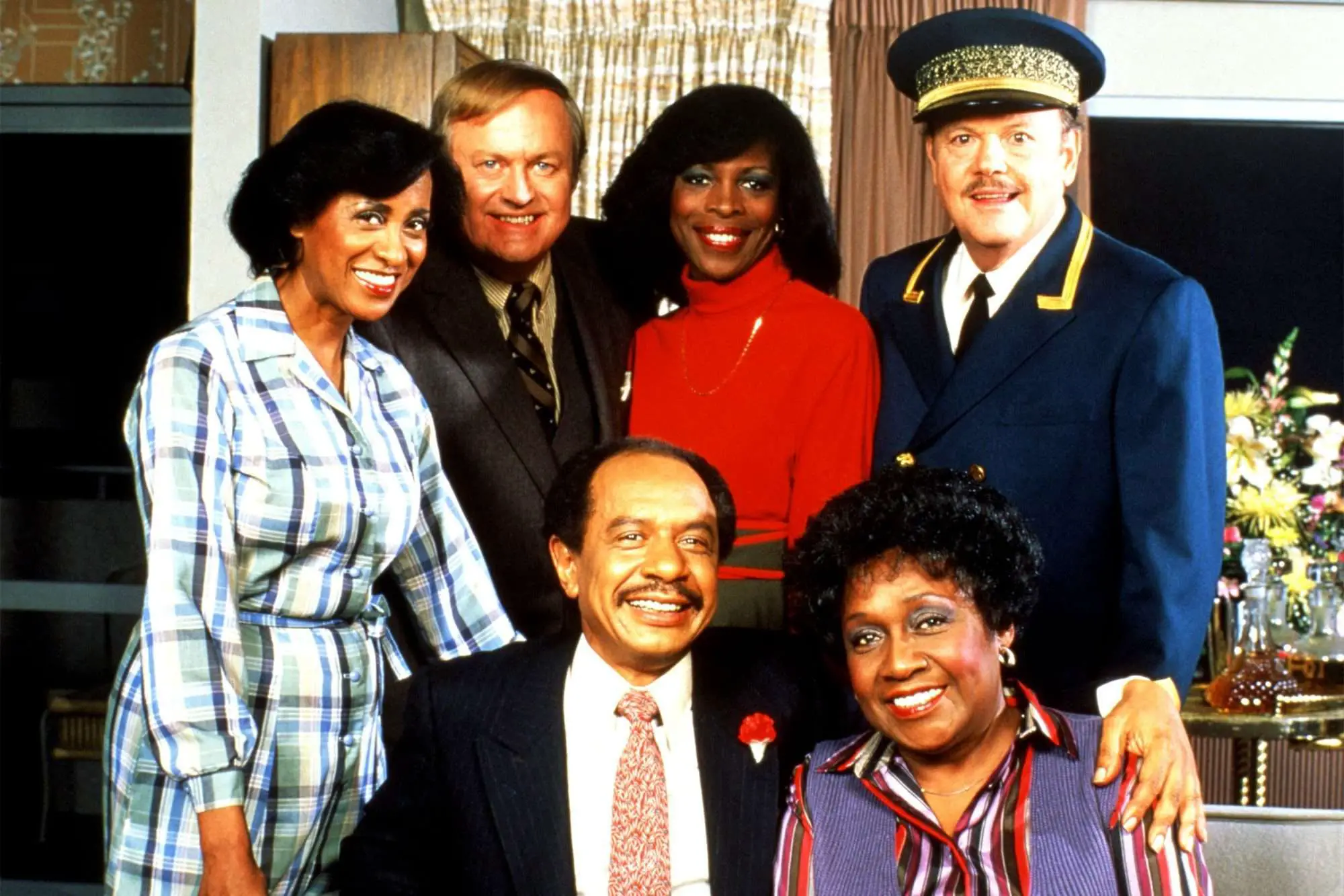 Black Sitcom the Jefferson cast with Isabel Sanford, Sherman Hemsley, Franklin Cover, Roxie Roker, Marla Gibbs and Mike Evans 